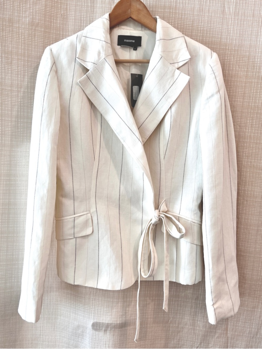 NWT Linen Double Breasted Blazer With Tie Belted Side Tie Ecru Minimalist Modern